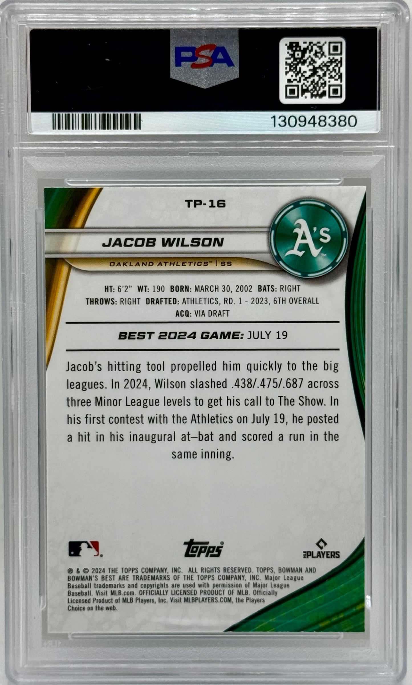 Jacob Wilson 2024 Bowman’s Best Aqua Lava Refractor RC /199 PSA 10