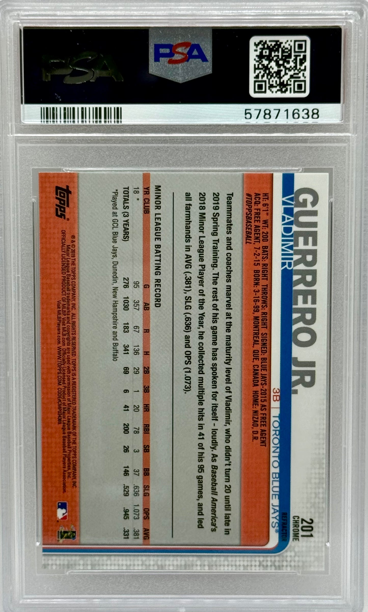 Vladimir Guerrero Jr. 2019 Topps Chrome Pink Refractor RC PSA 10