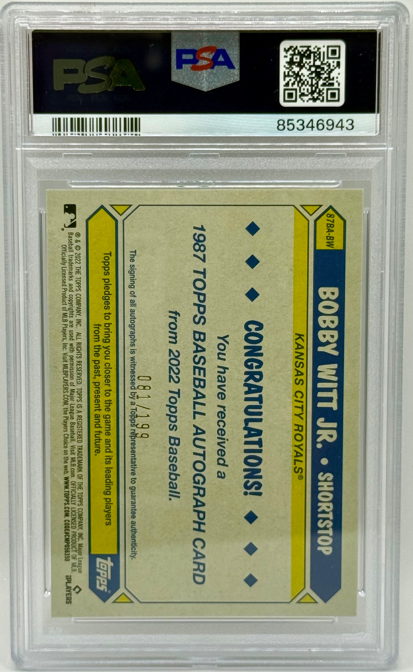 Bobby Witt Jr. 2022 Topps Update Black Auto /199 PSA 10