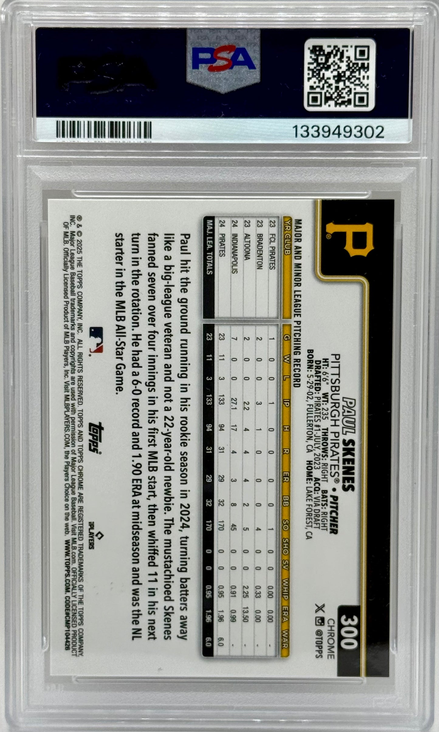 Paul Skenes 2025 Topps Chrome Gold Refractor /50 PSA 10