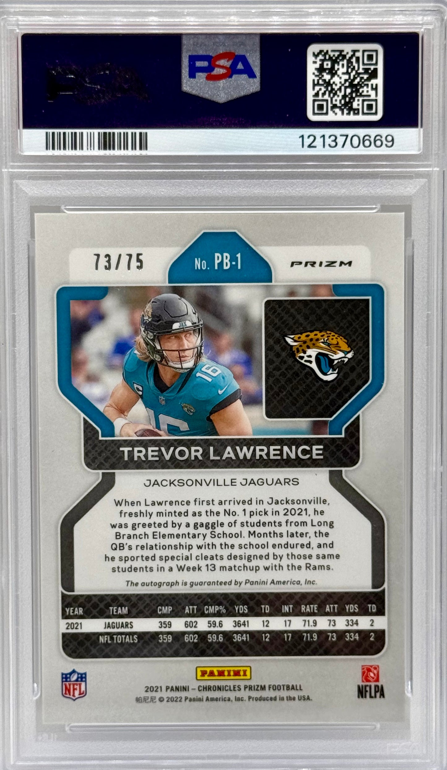 Trevor Lawrence 2021 Chronicles Prizm Black Orange Auto /75 PSA 10