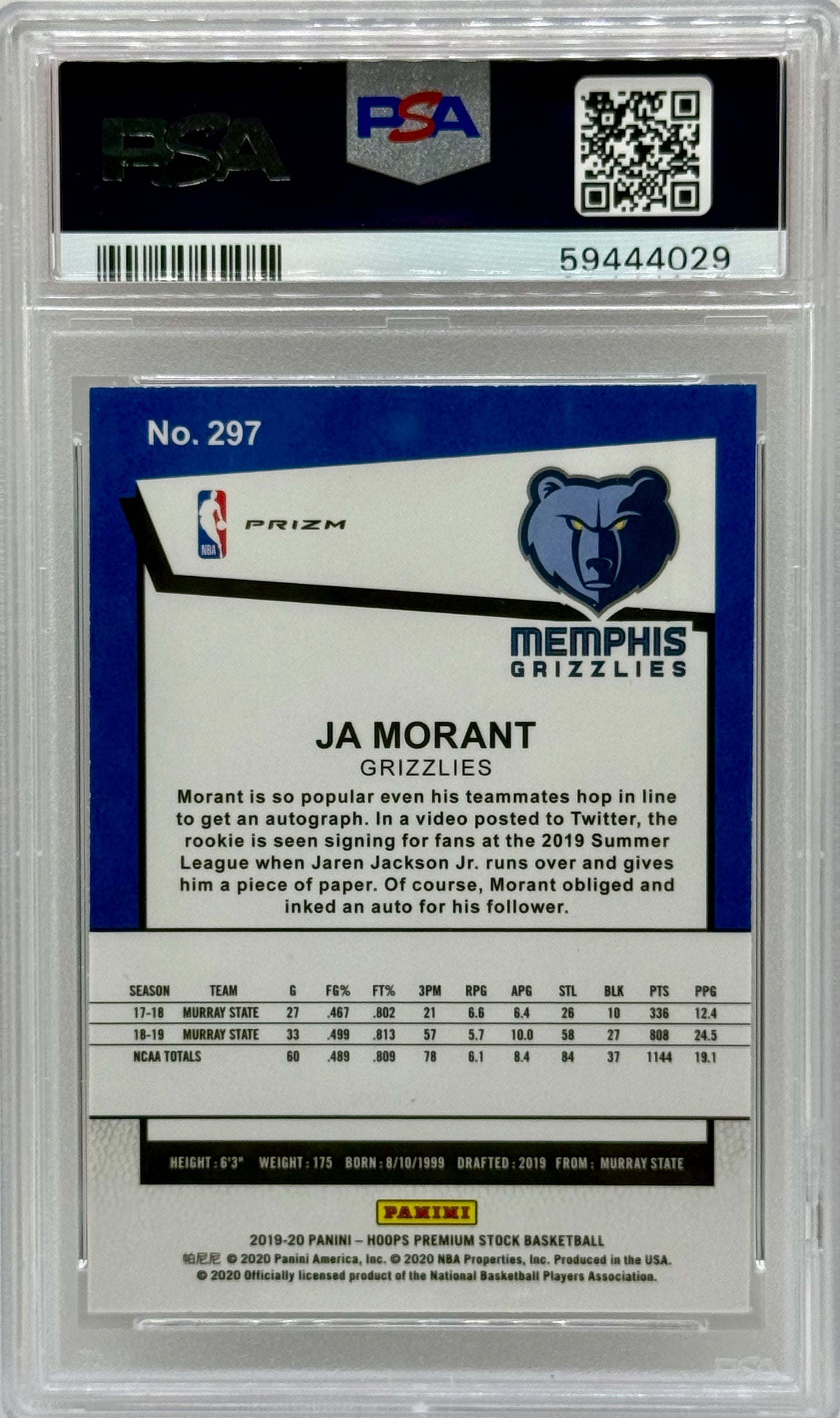 Ja Morant 2019 Hoops Premium Silver Mojo PSA 10