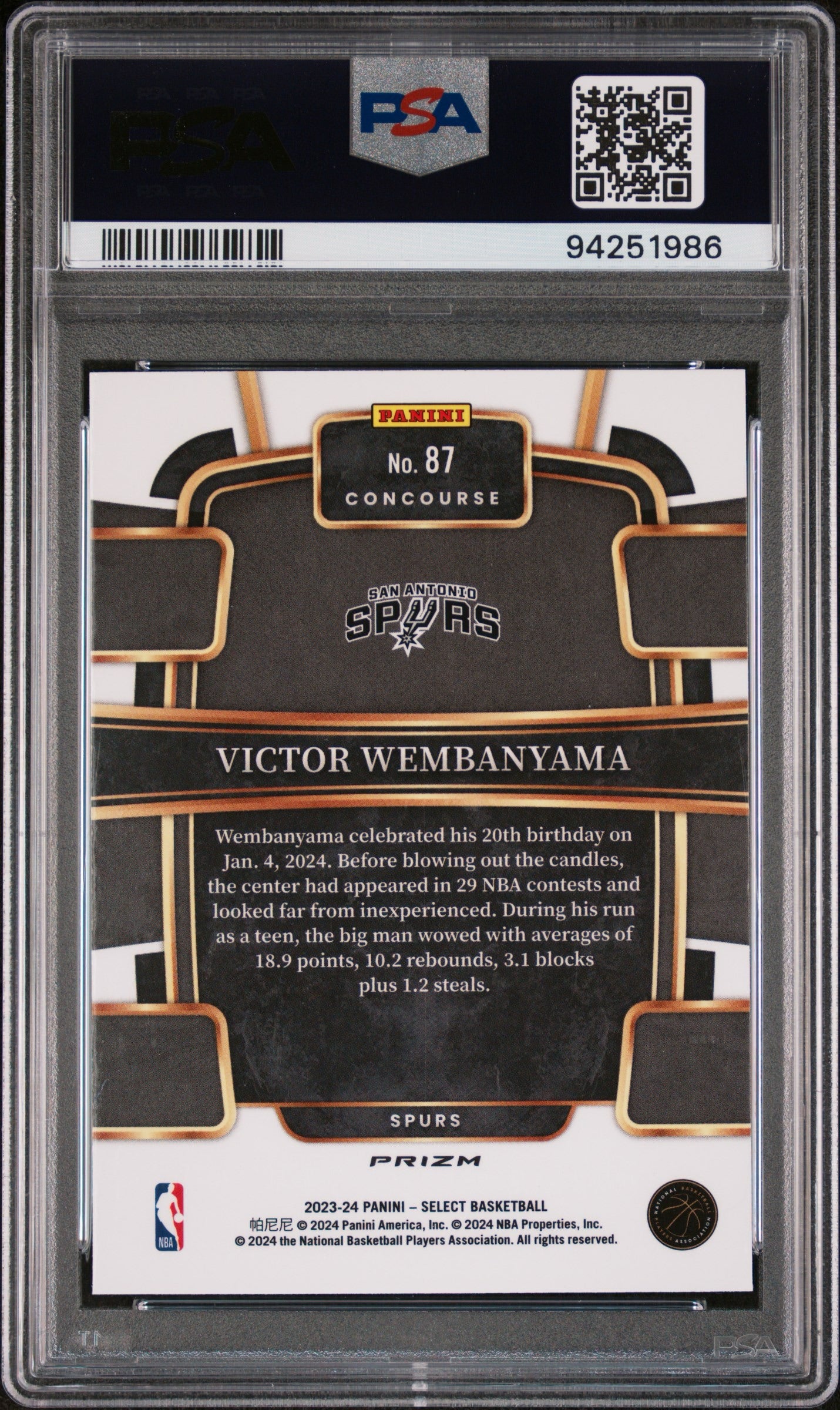 Victor Wembanyama 2023-2024 Panini Select Blue Prizm RC PSA 10