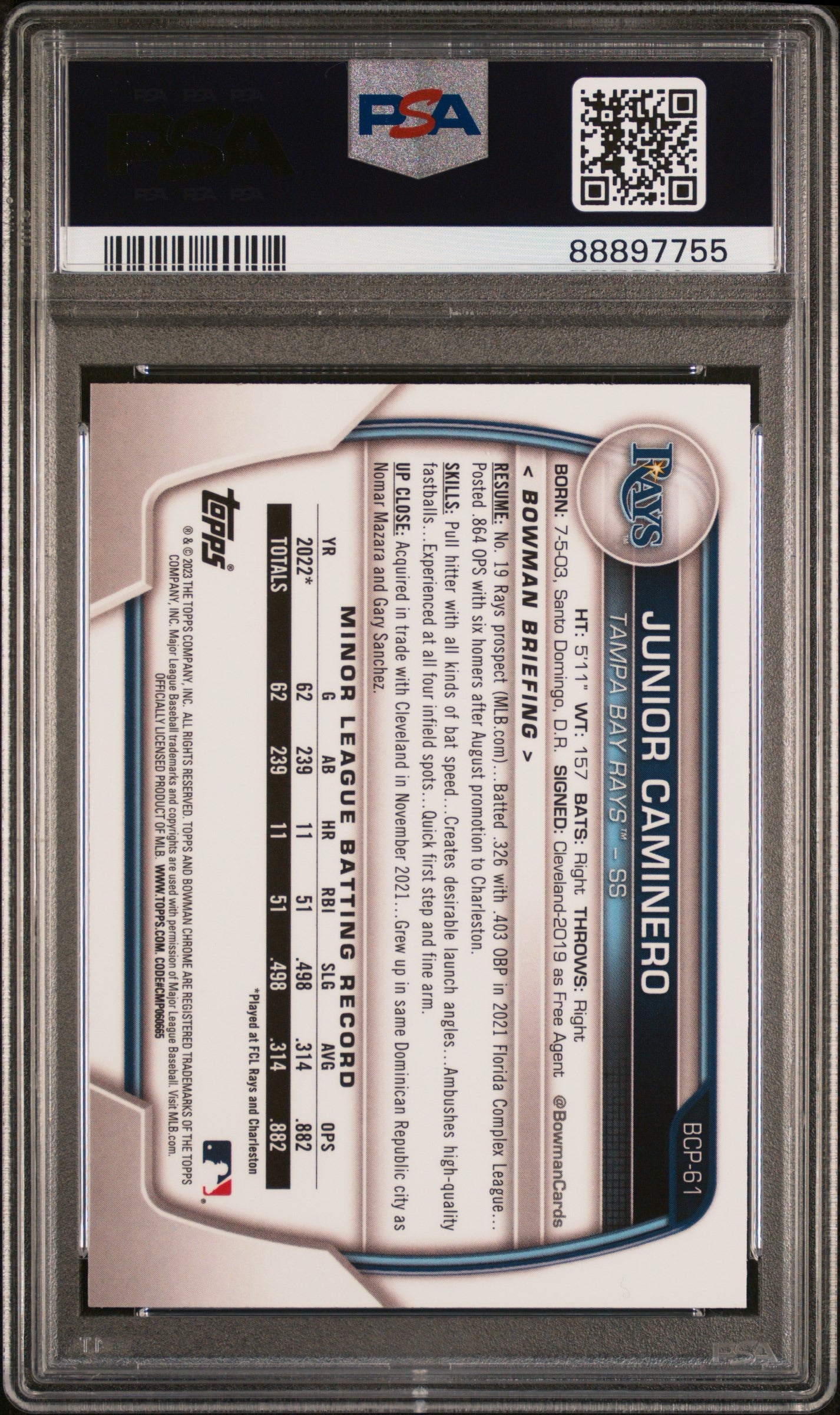 Junior Caminero 2023 Bowman Chrome RC PSA 10