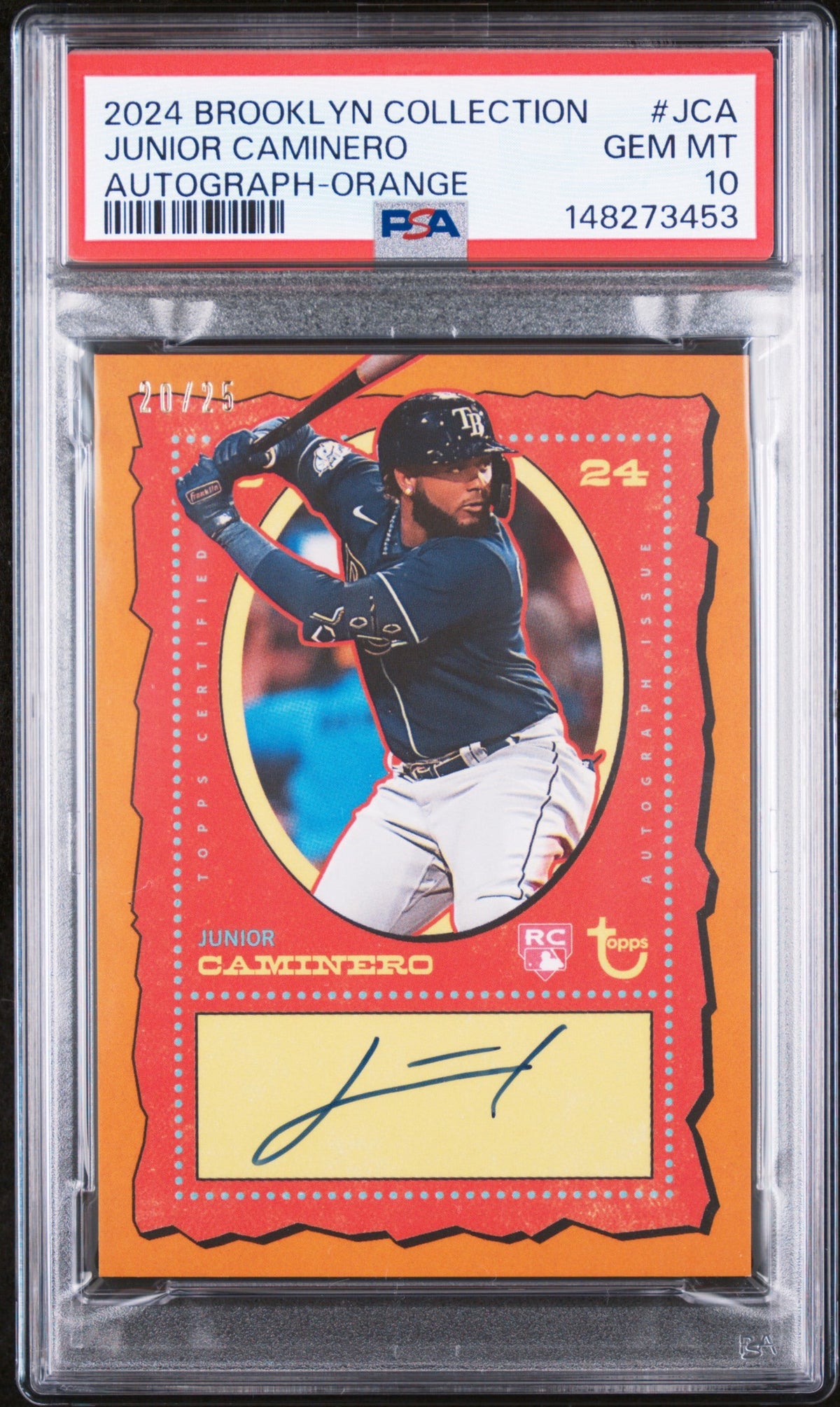 Junior Caminero 2024 Topps Brooklyn Collection Orange /25 Auto PSA 10