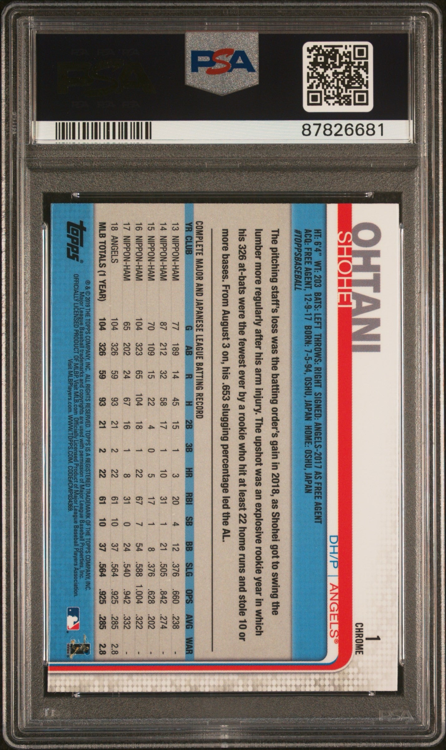 Shohei Ohtani 2019 Topps Chrome Prism Refractor PSA 10