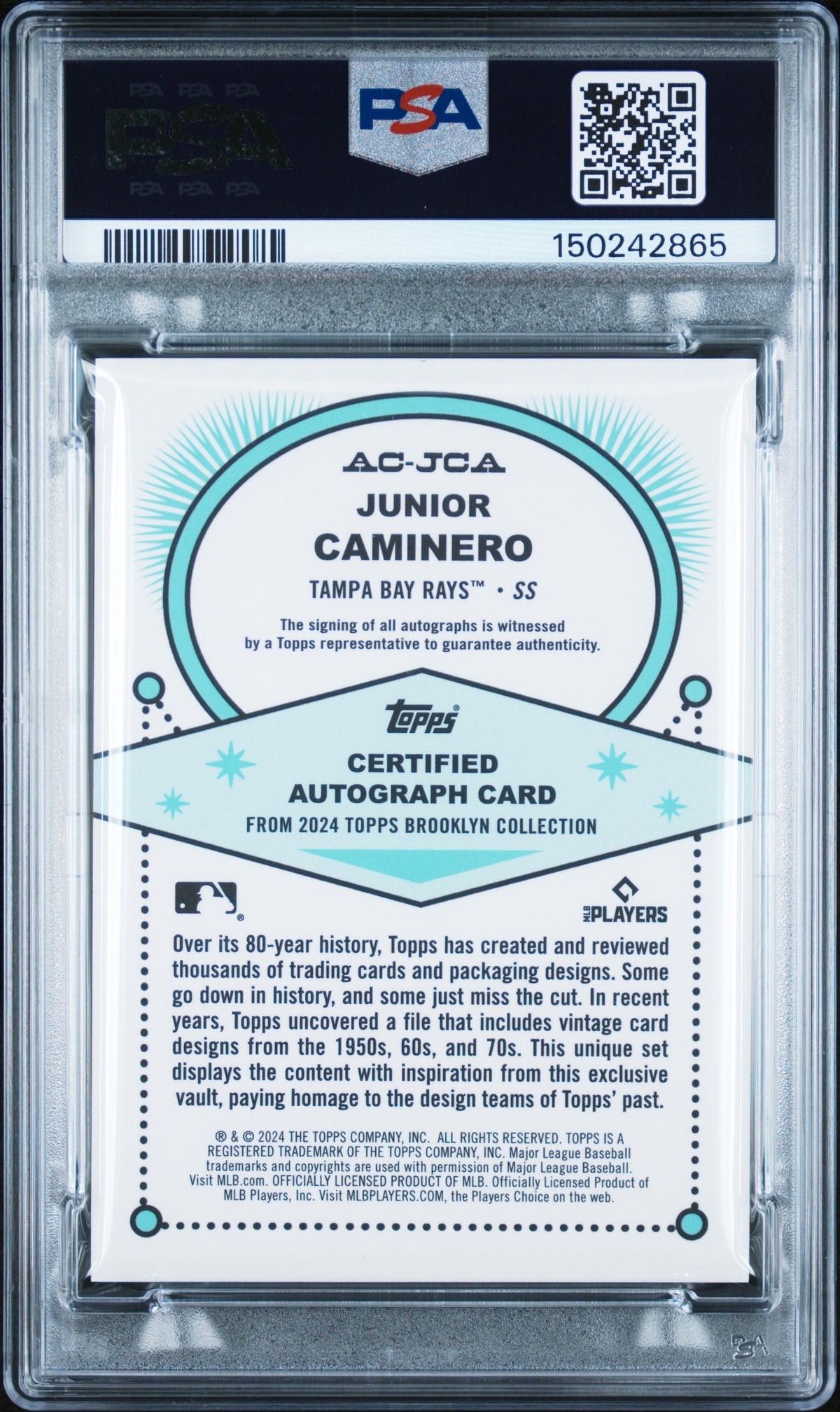 Junior Caminero 2024 Topps Brooklyn Collection Gold Auto /50 PSA 10