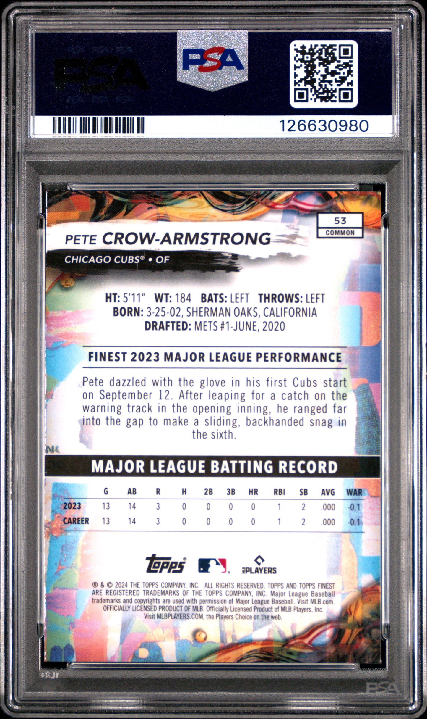 Pete Crow-Armstrong 2024 Topps Finest Oil Spill Refractor RC PSA 10