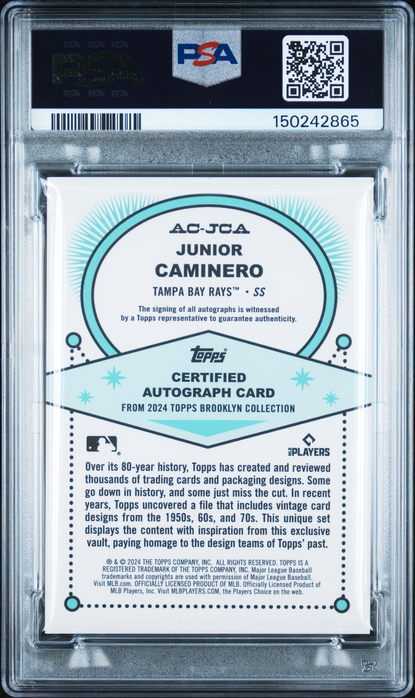 Junior Caminero 2024 Topps Brooklyn Collection RC Auto Gold /50 PSA 10