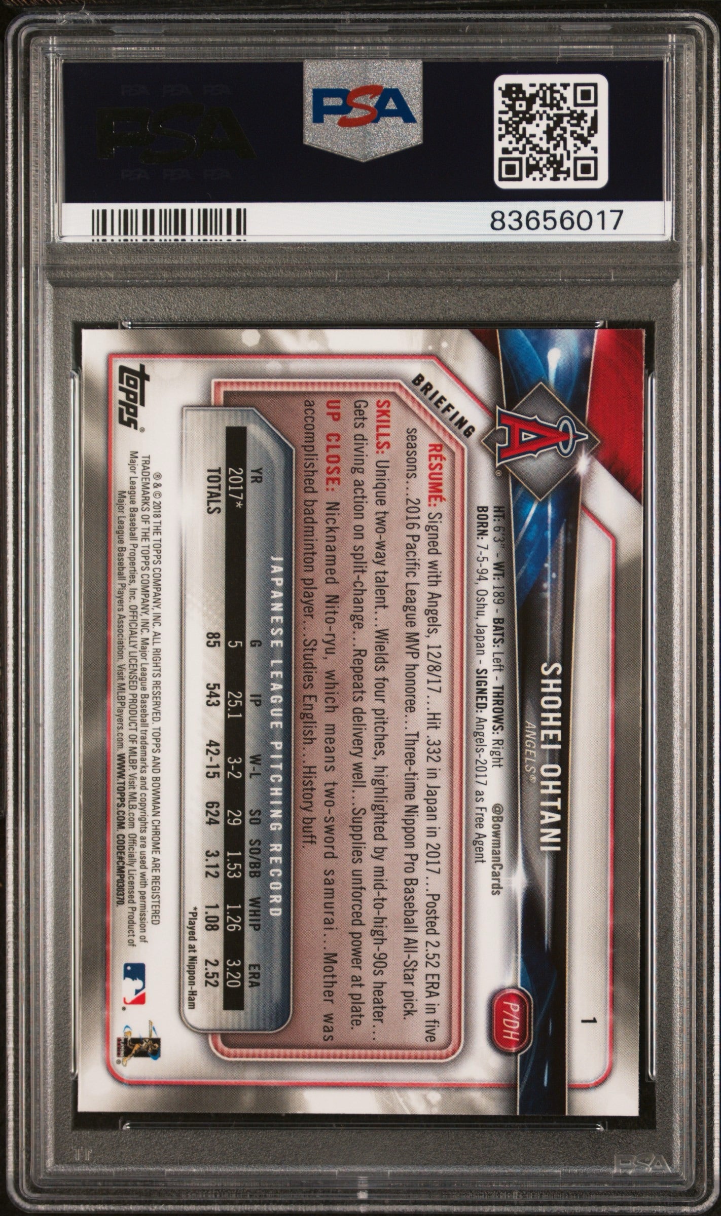 Shohei Ohtani 2018 Bowman Chrome RC PSA 10