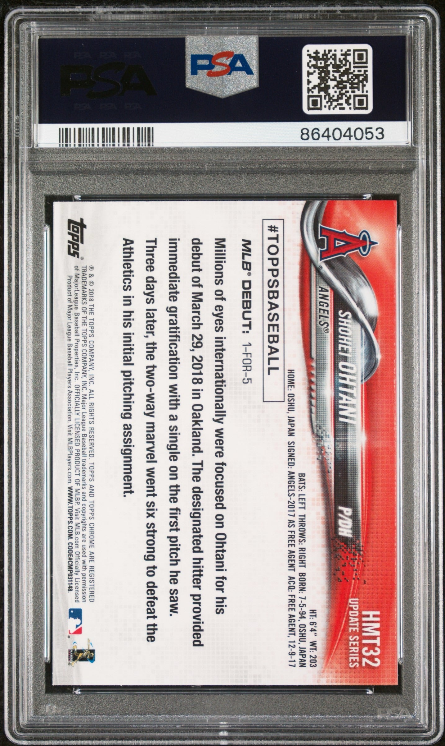 Shohei Ohtani 2018 Topps Chrome Update RC PSA 10