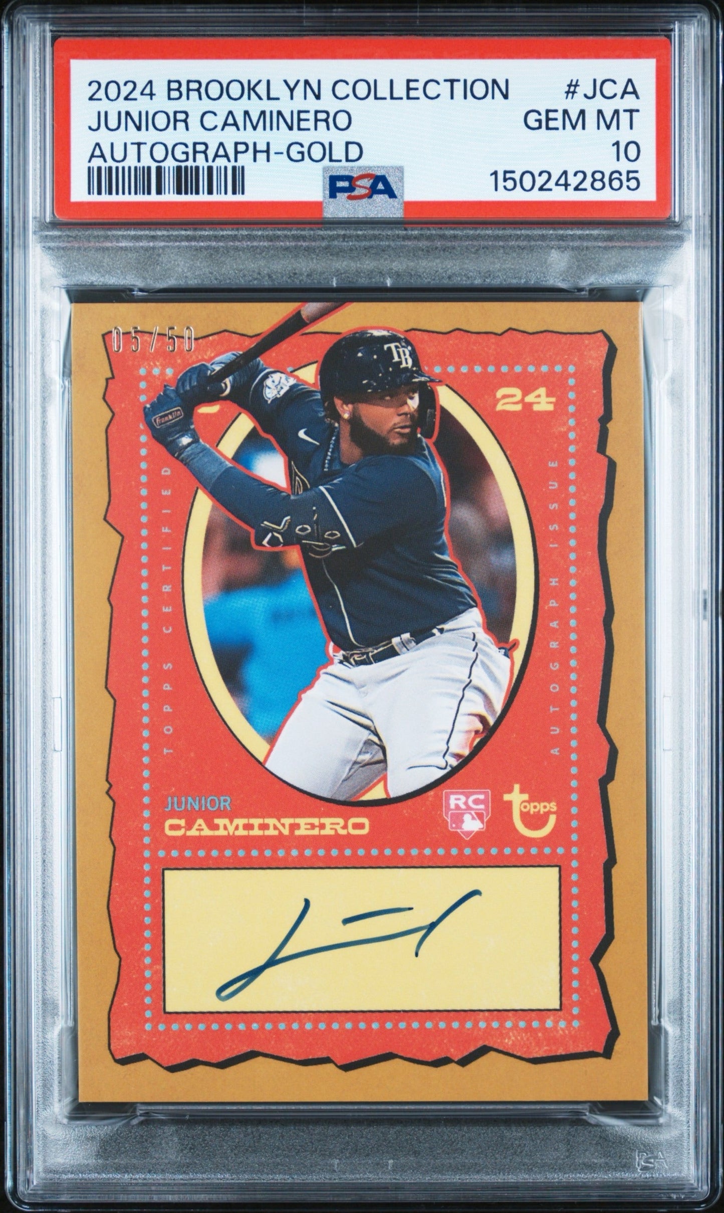 Junior Caminero 2024 Topps Brooklyn Collection RC Auto Gold /50 PSA 10