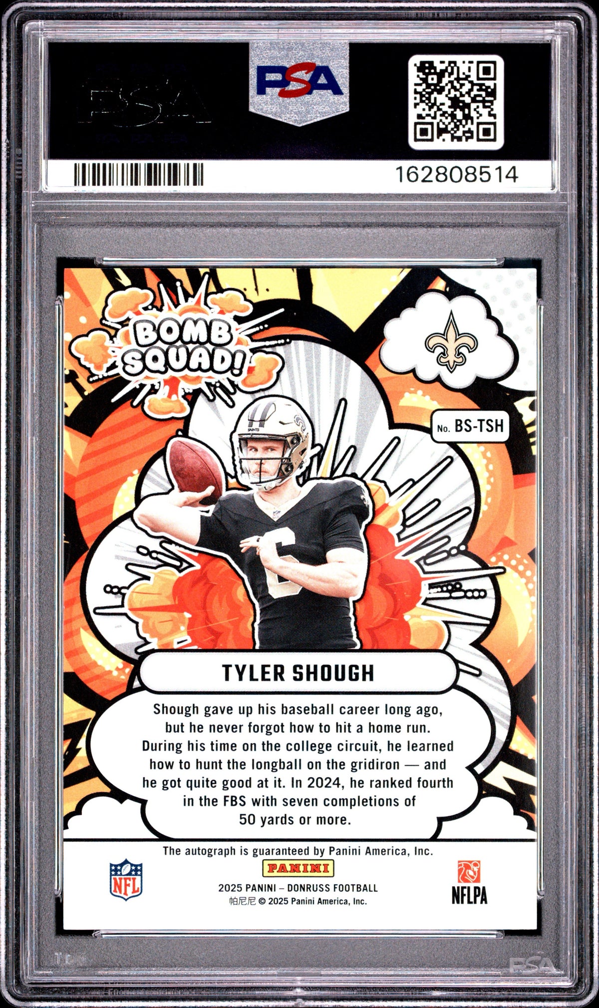 Tyler Shough 2025 Panini Donruss Bomb Squad /75 Auto PSA 10