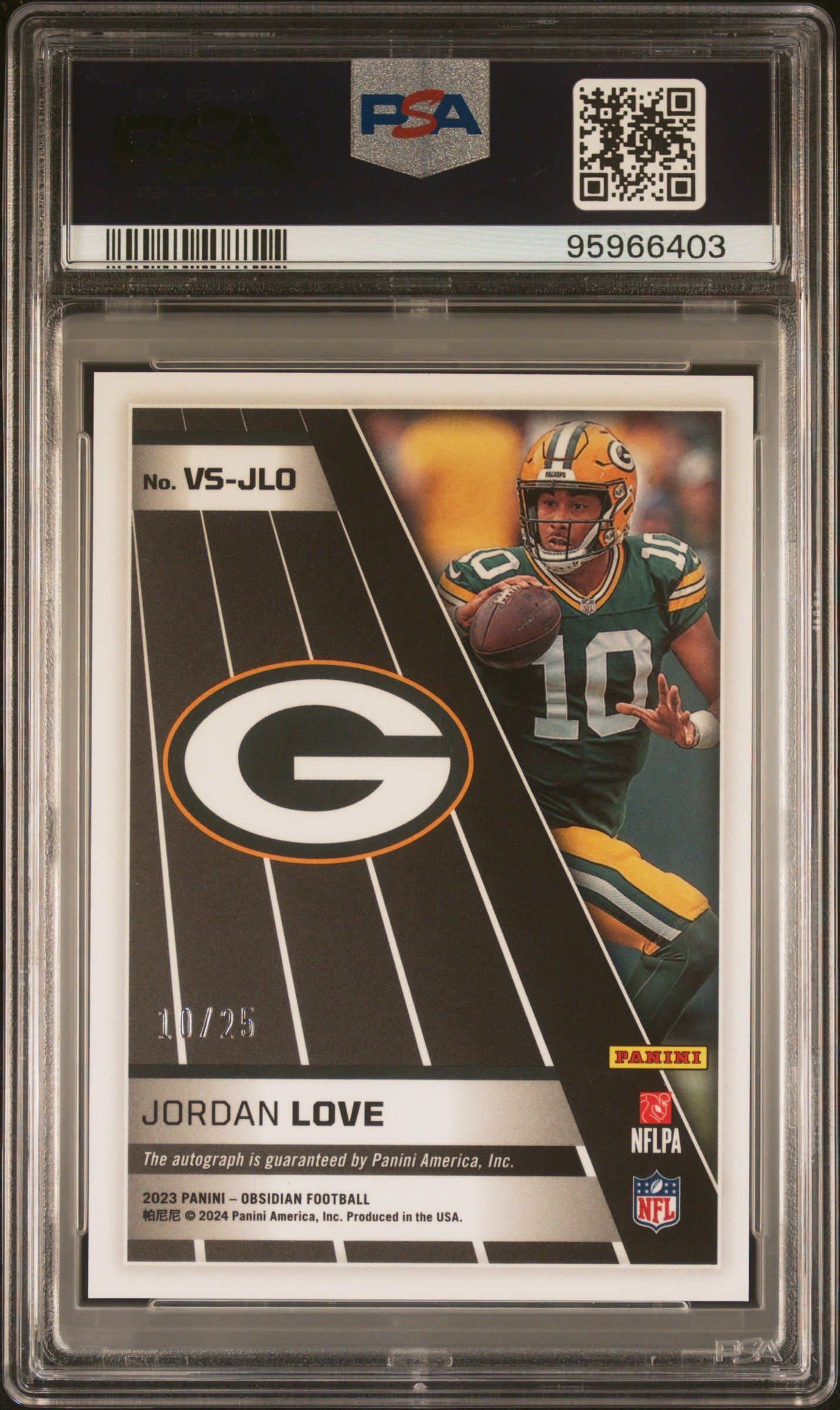 Jordan Love 2023 Panini Obsidian Volcanic Signatures Auto /25 Jersey # Match PSA 10