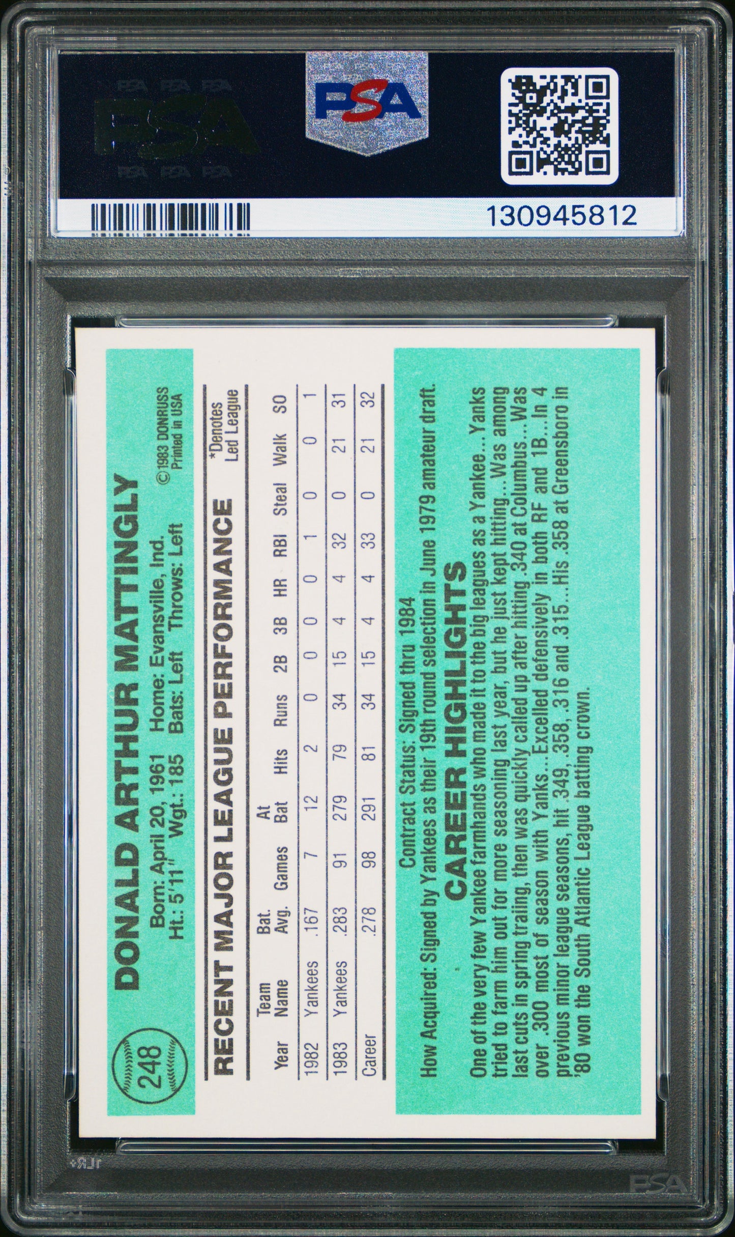 Don Mattingly 1984 Donruss RC PSA 9