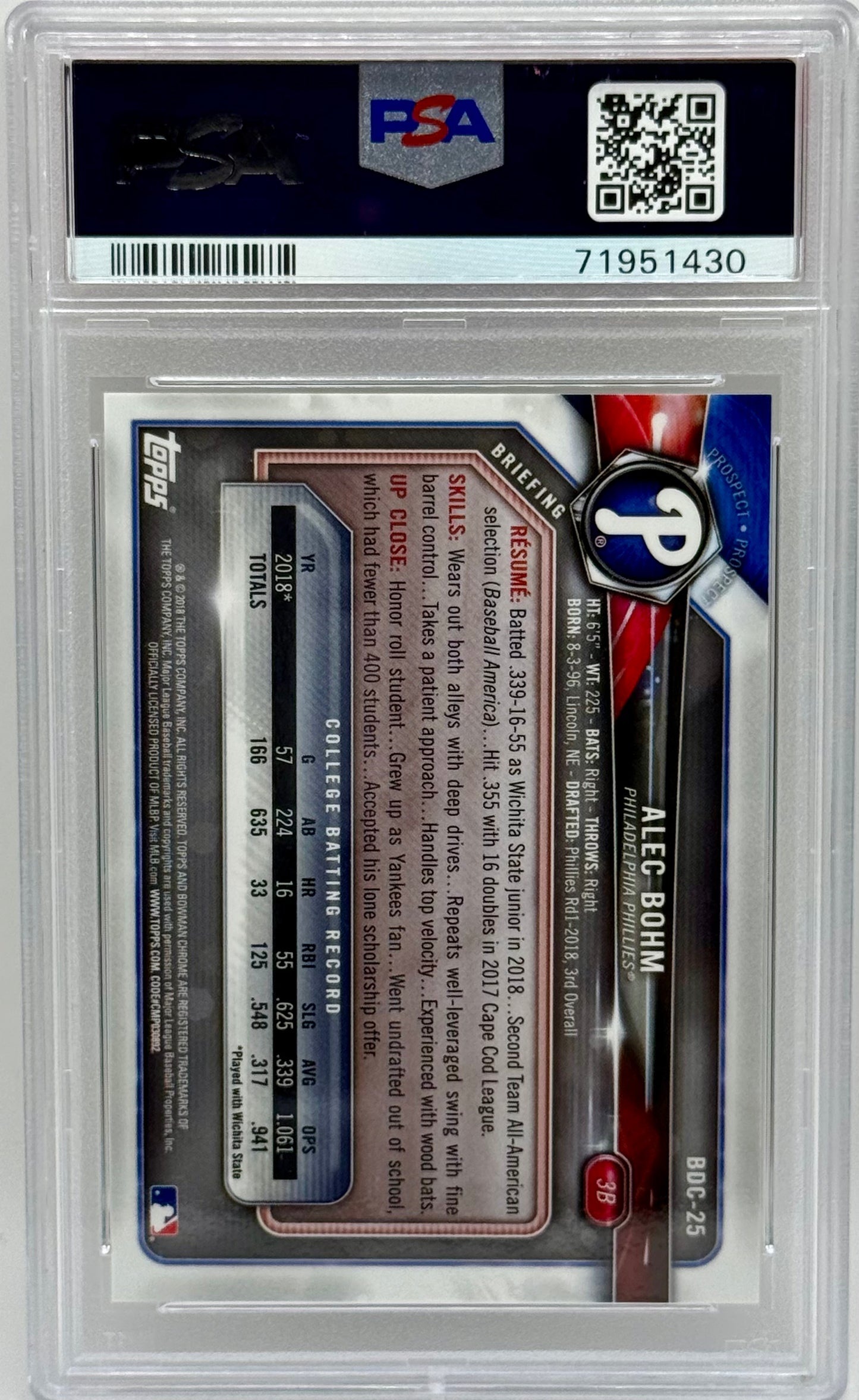 Alec Bohm 2018 Bowman Draft Chrome Gold Refractor /50 RC PSA 10