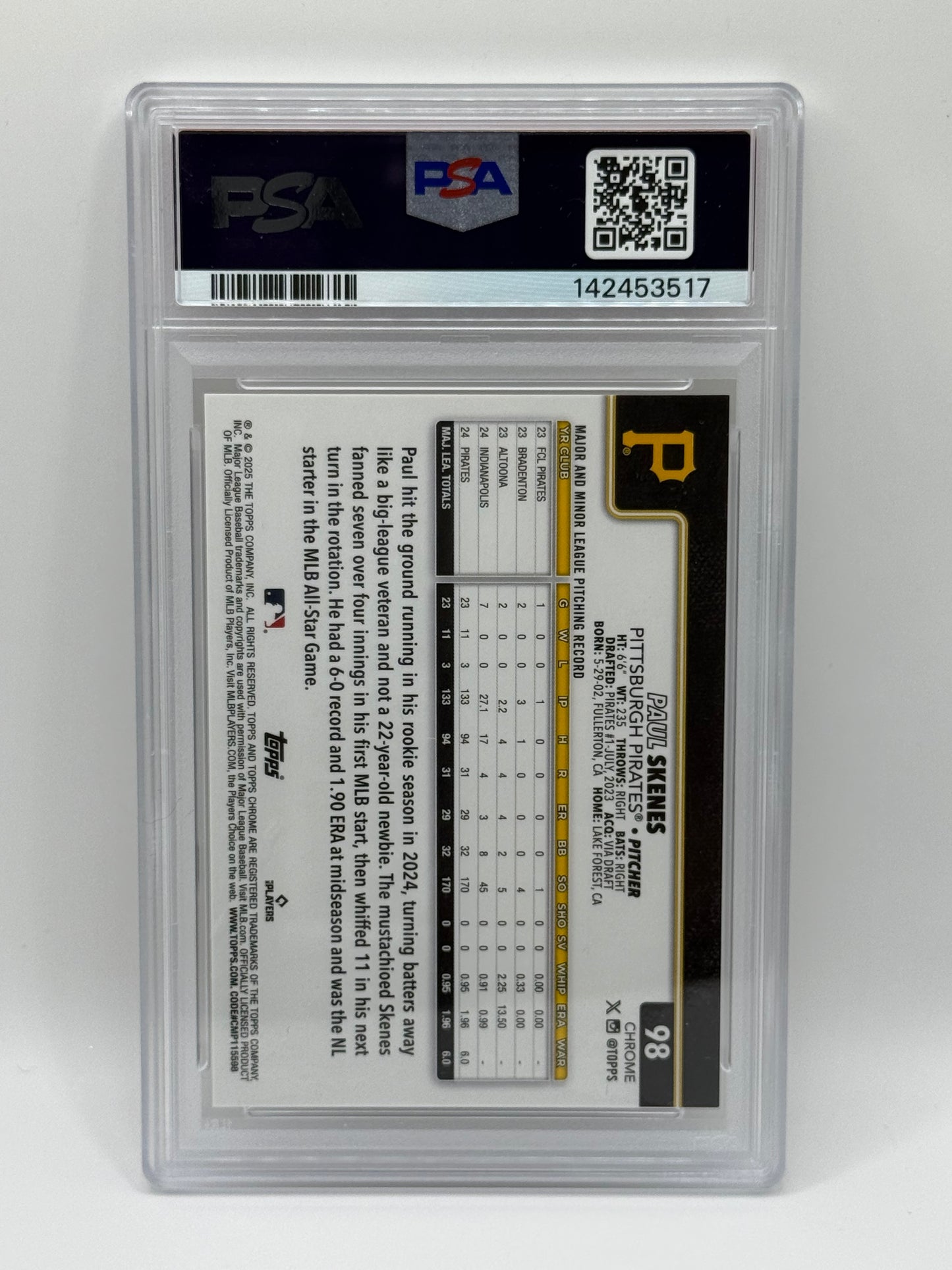Paul Skenes 2025 Topps Chrome Update Gold Cupfractor /50 PSA 10