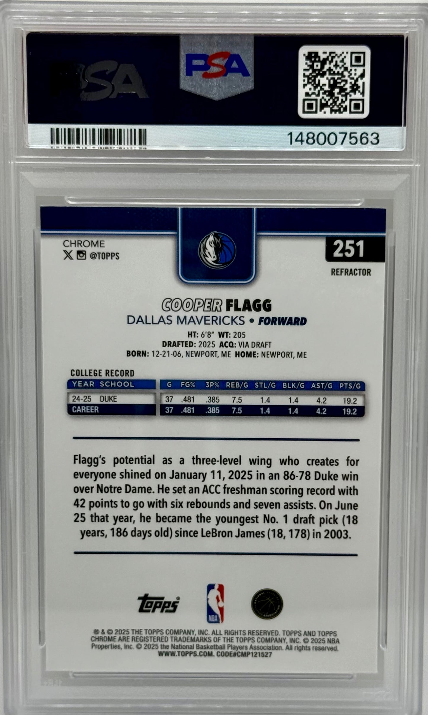 Cooper Flagg 2025 Topps Chrome Refractor PSA 10