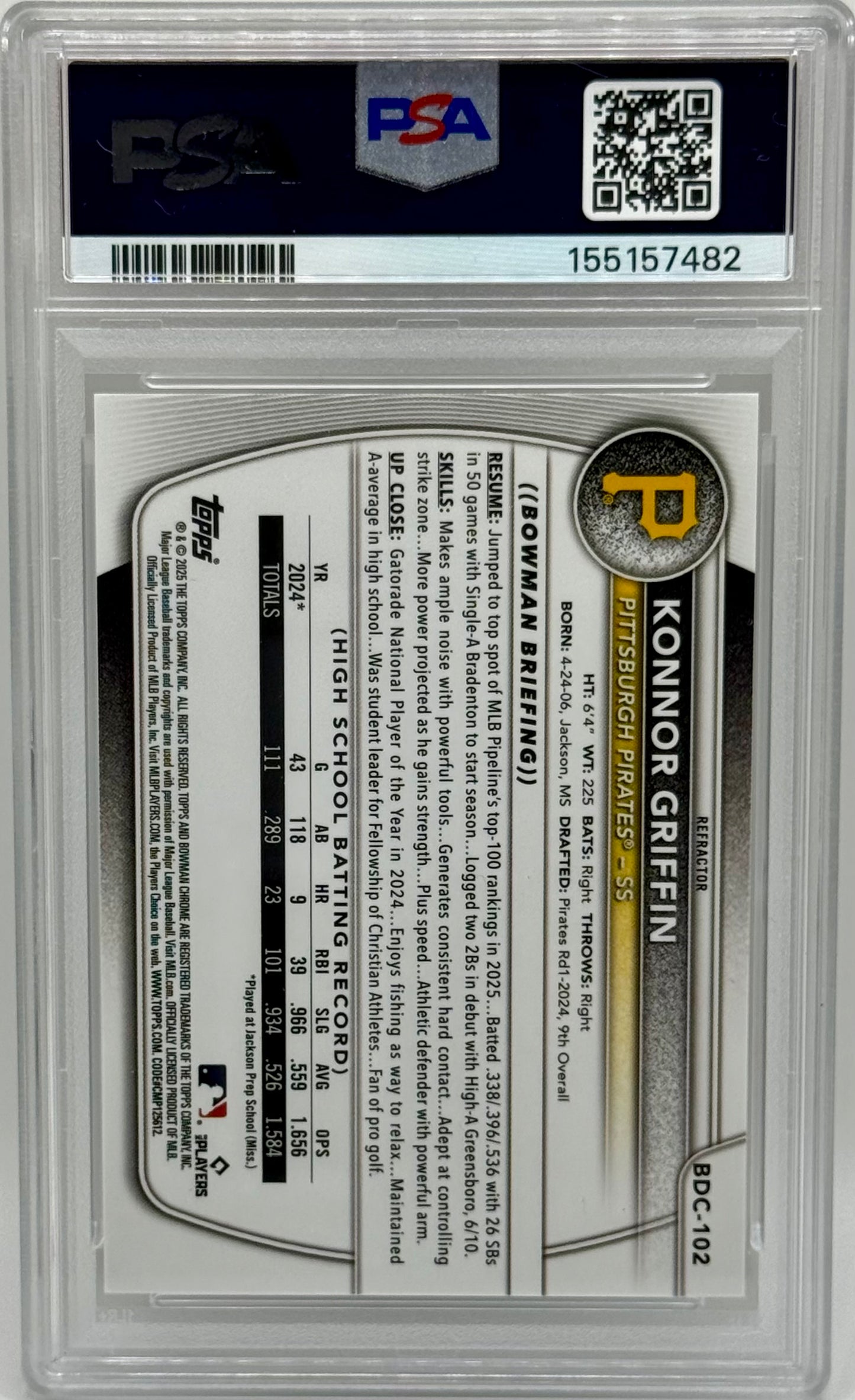 Konnor Griffin 2025 Bowman Chrome Refractor RC PSA 10