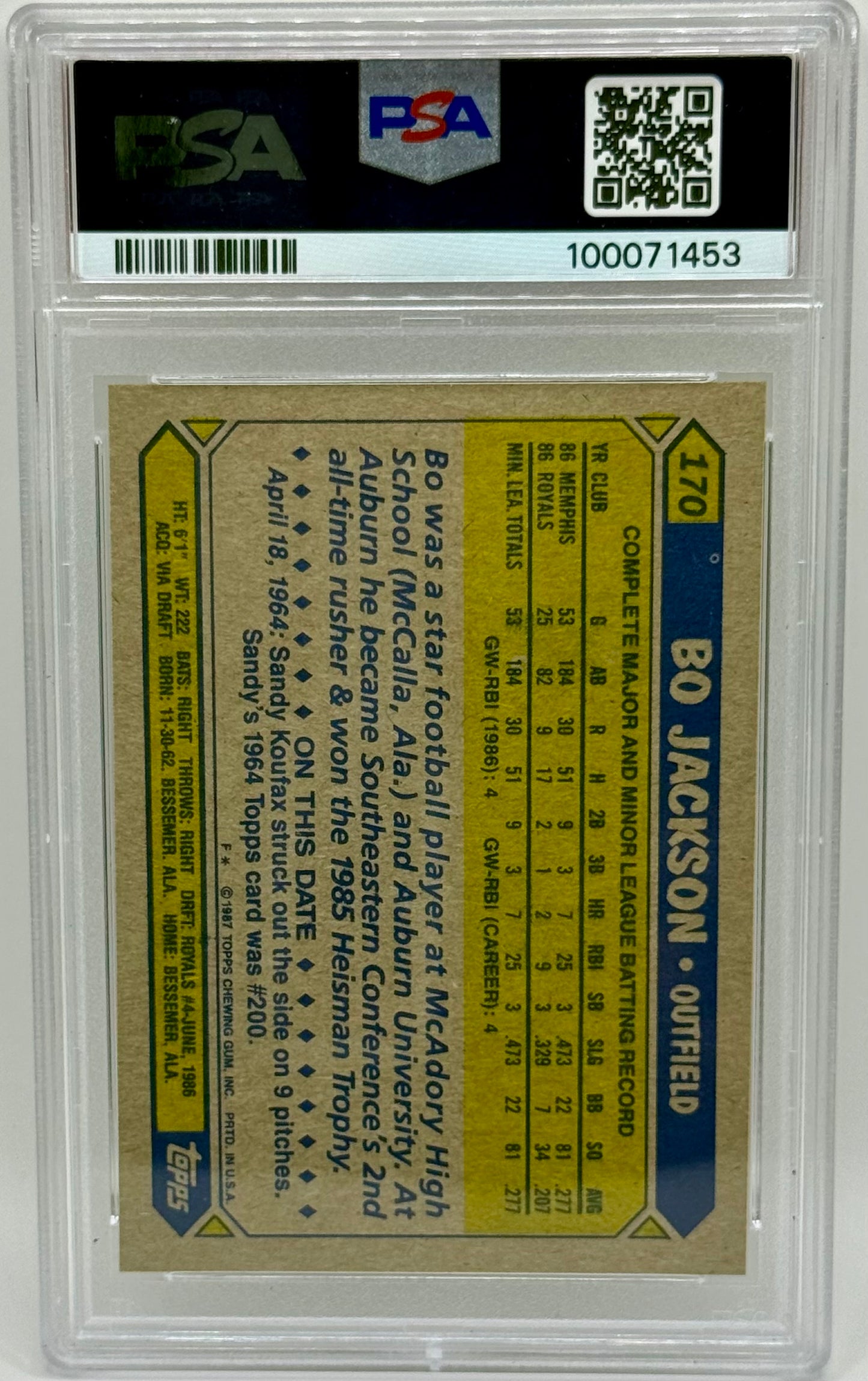 Bo Jackson 1987 Topps RC PSA 10
