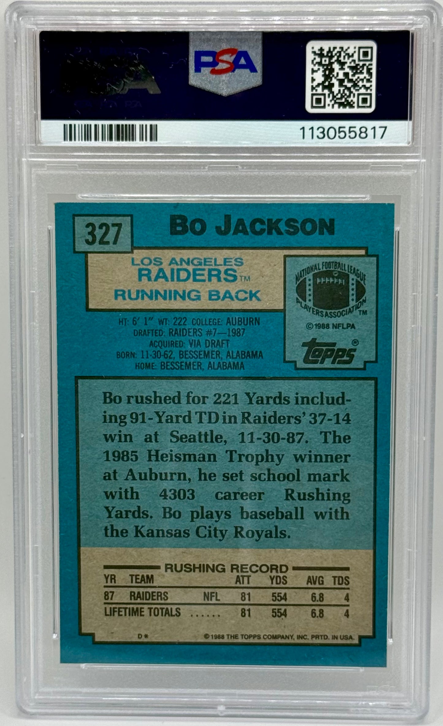 Bo Jackson 1988 Topps RC Auto PSA