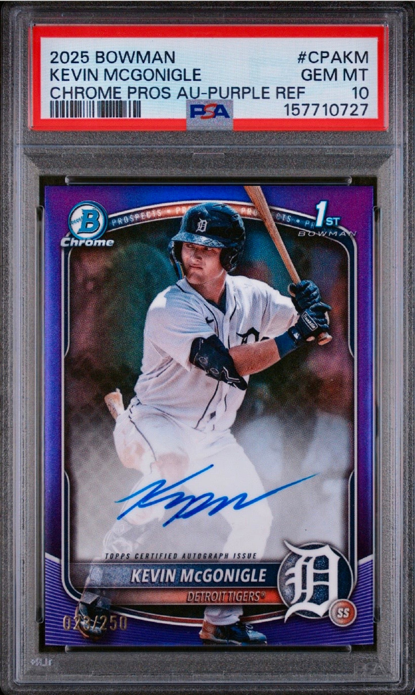 Kevin McGonigle 2025 Bowman Chrome Purple Refractor Auto /250 PSA 10