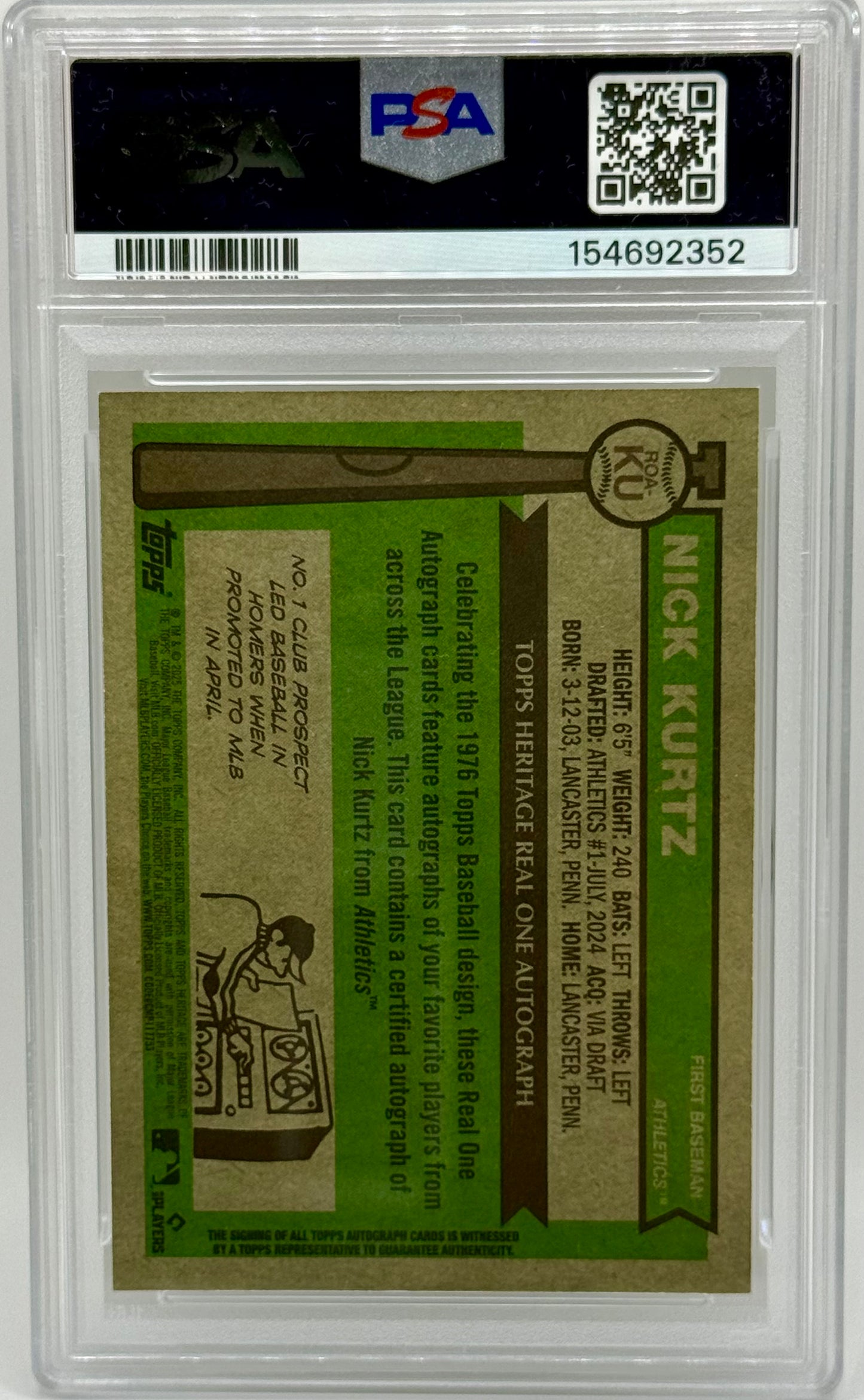Nick Kurtz 2025 Topps Heritage RC Real One Auto PSA 10