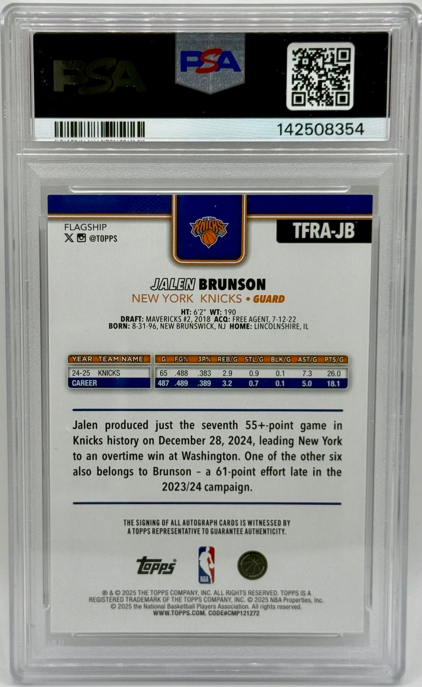 Jalen Brunson 2025 Topps Real One Auto PSA 9