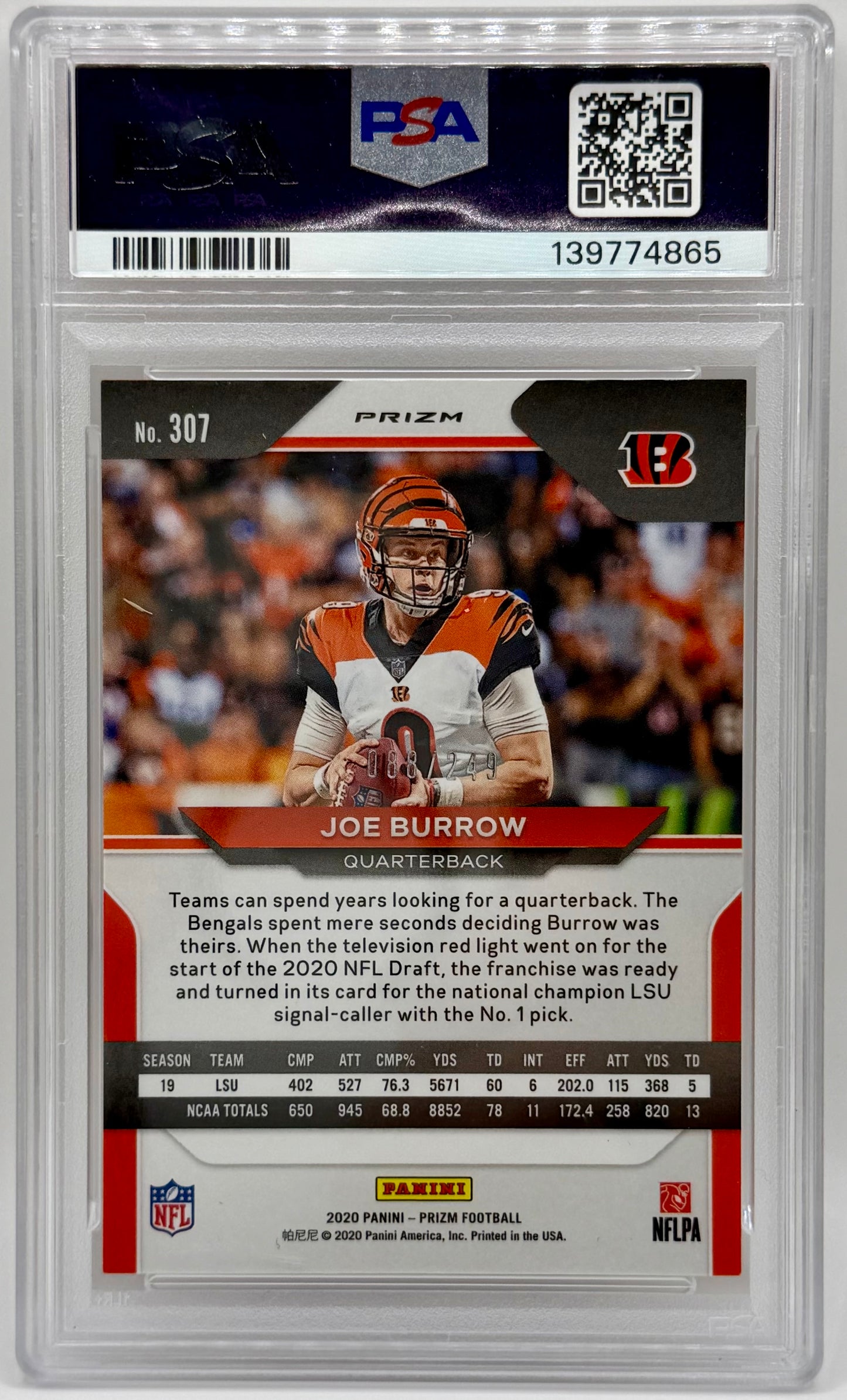 Joe Burrow 2020 Panini Prizm RC Orange Prizm /249 PSA 9