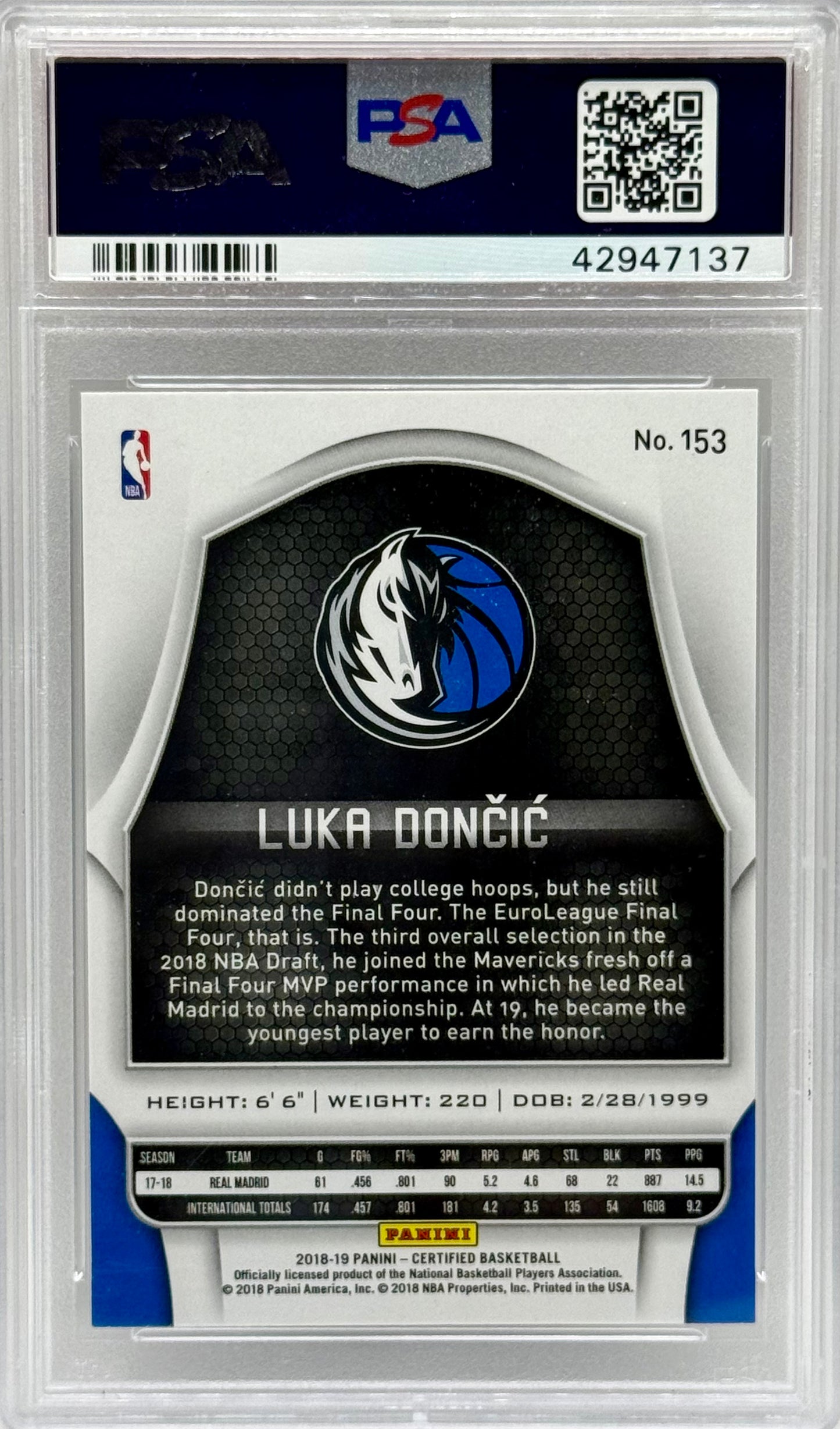 Luka Doncic 2018 Panini Certified RC PSA 10