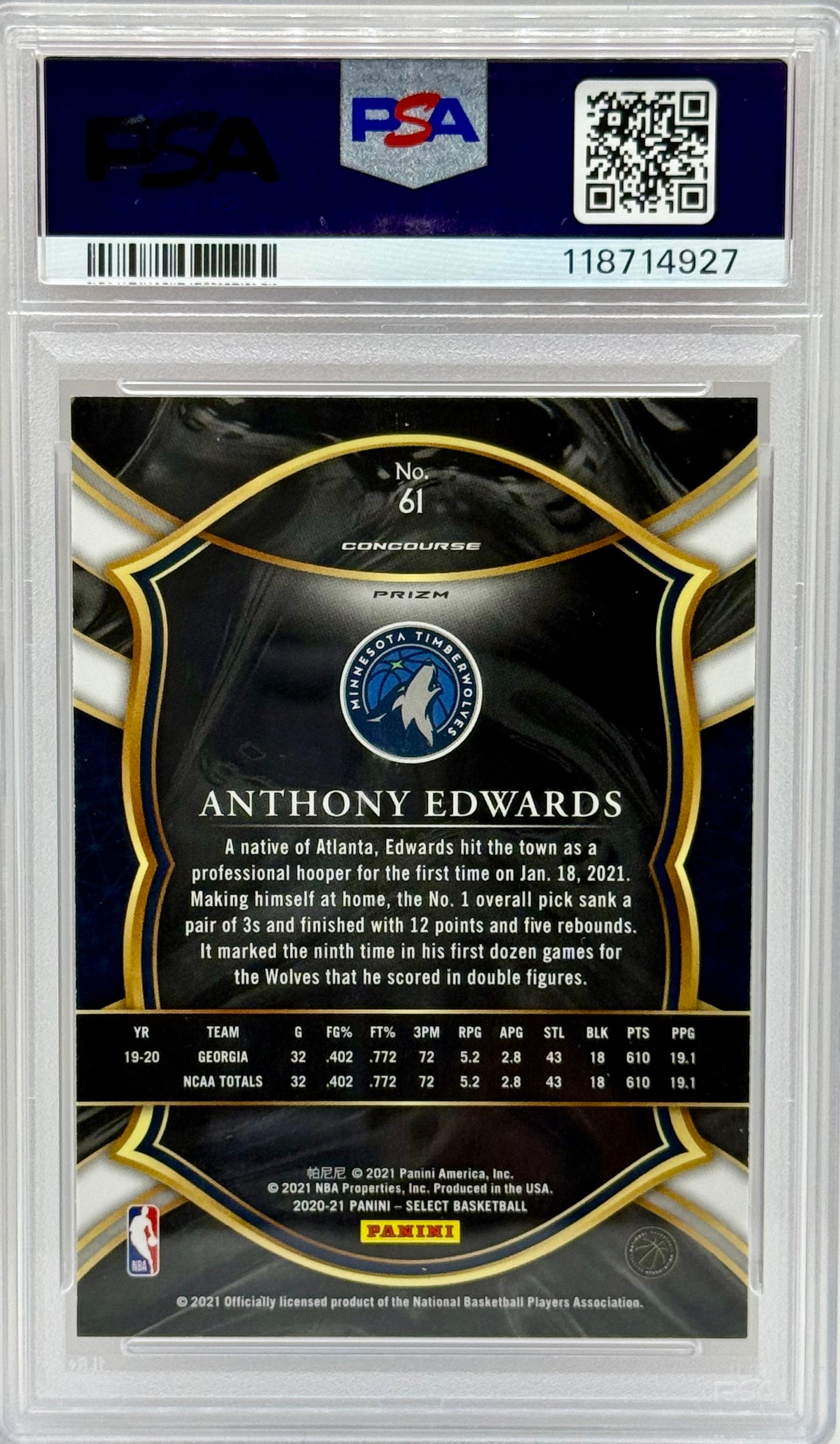 Anthony Edwards 2020 Panini Select RC PSA 10