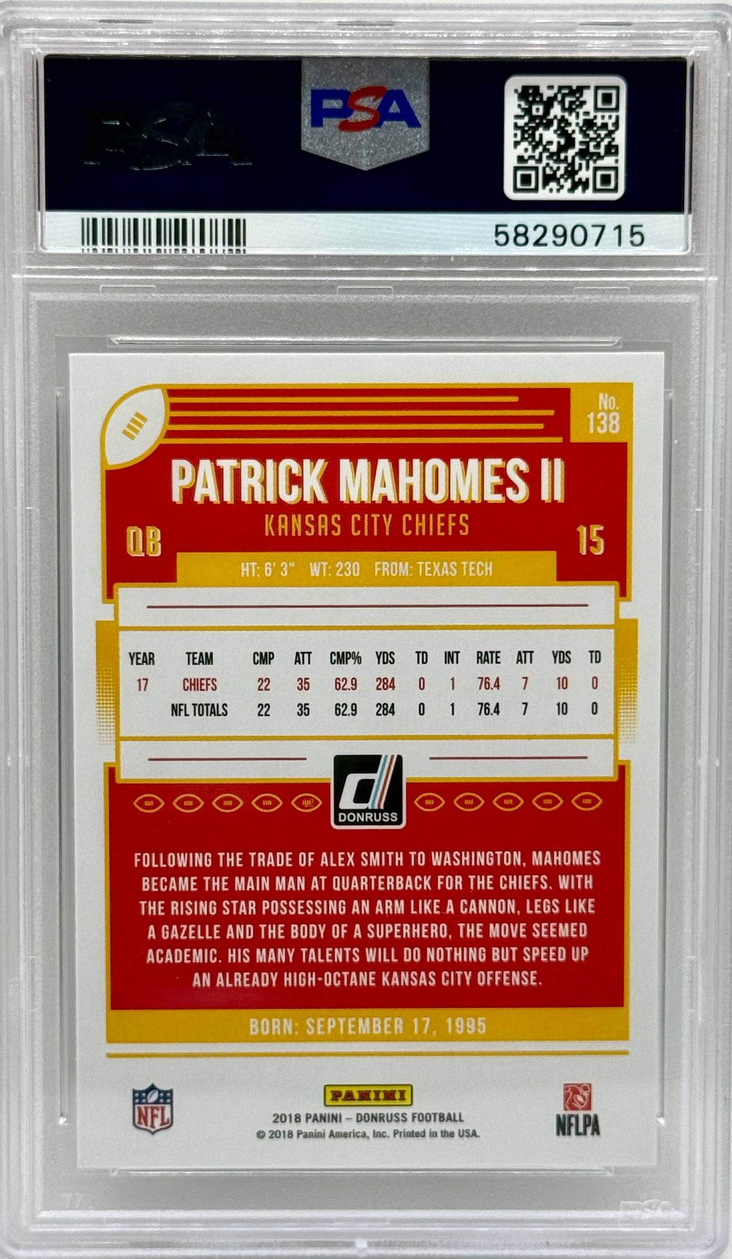 Patrick Mahomes 2018 Panini Donruss PSA 10