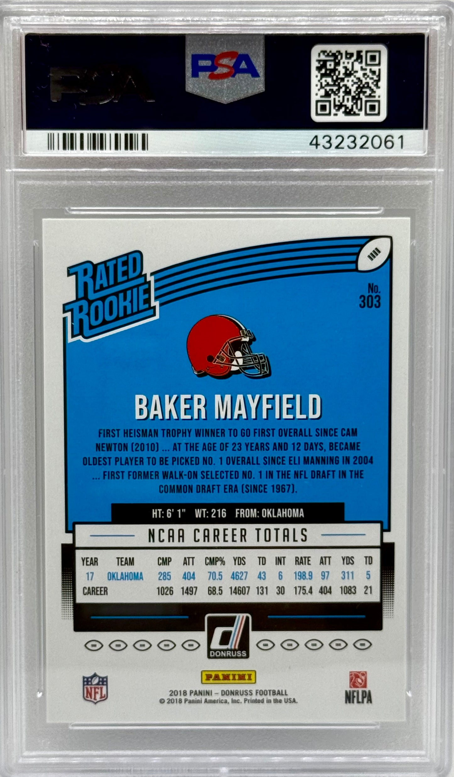 Baker Mayfield 2018 Panini Donruss RC PSA 10