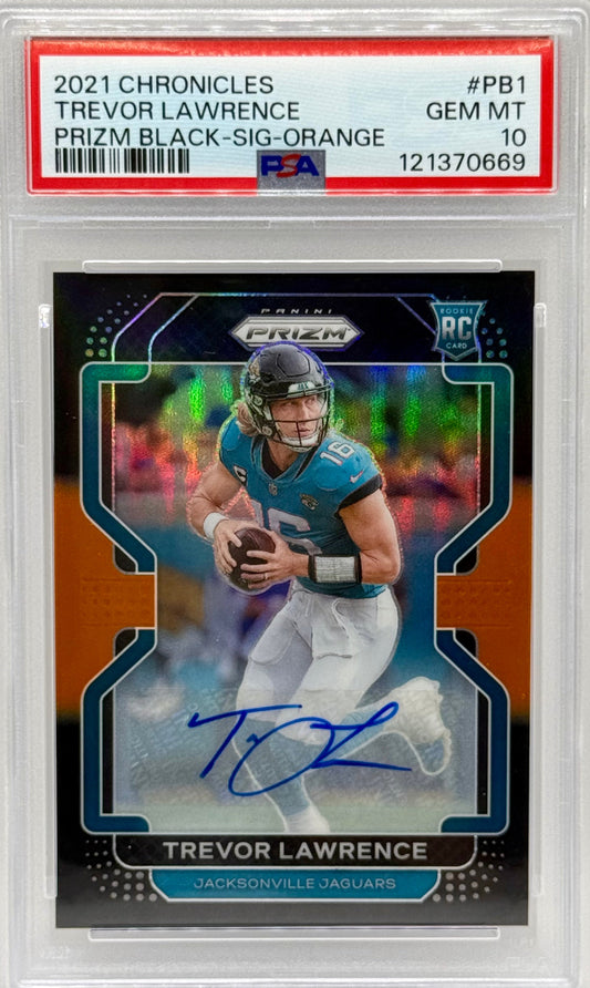 Trevor Lawrence 2021 Chronicles Prizm Black Orange Auto /75 PSA 10