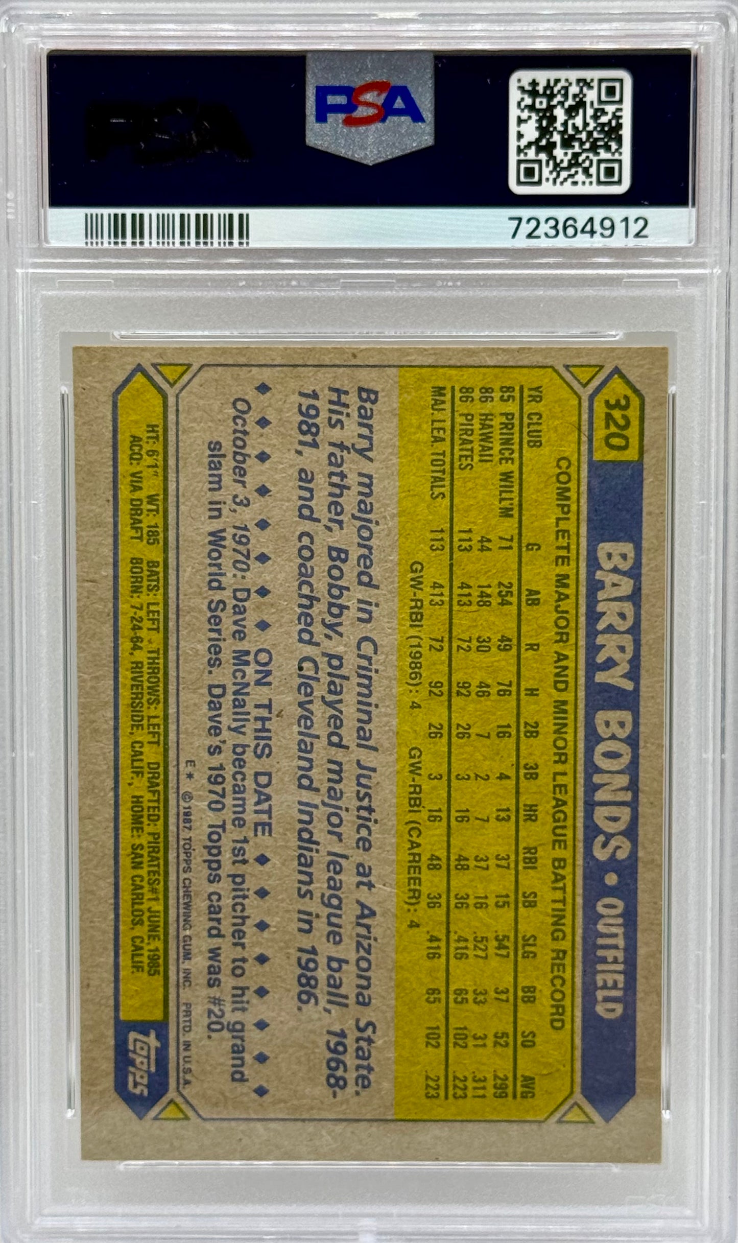 Barry Bonds 1987 Topps PSA 9