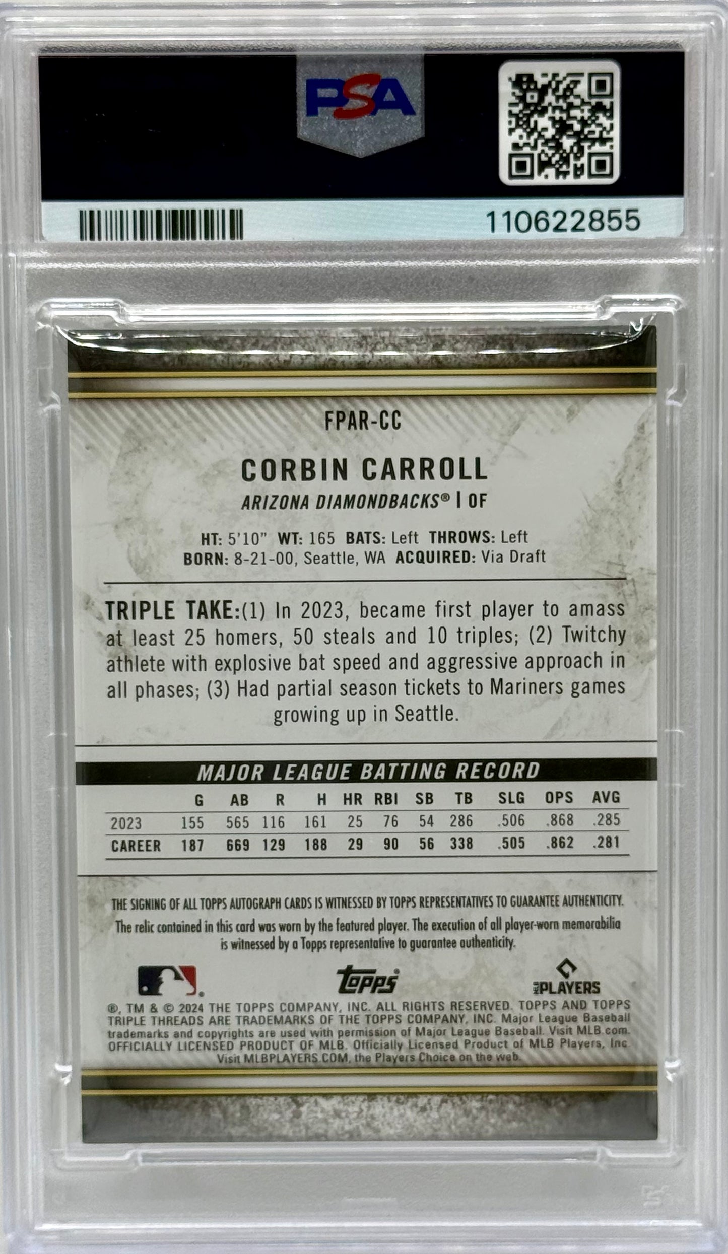 Corbin Carroll 2024 Topps Triple Threads Player Worn Auto /99 PSA 10