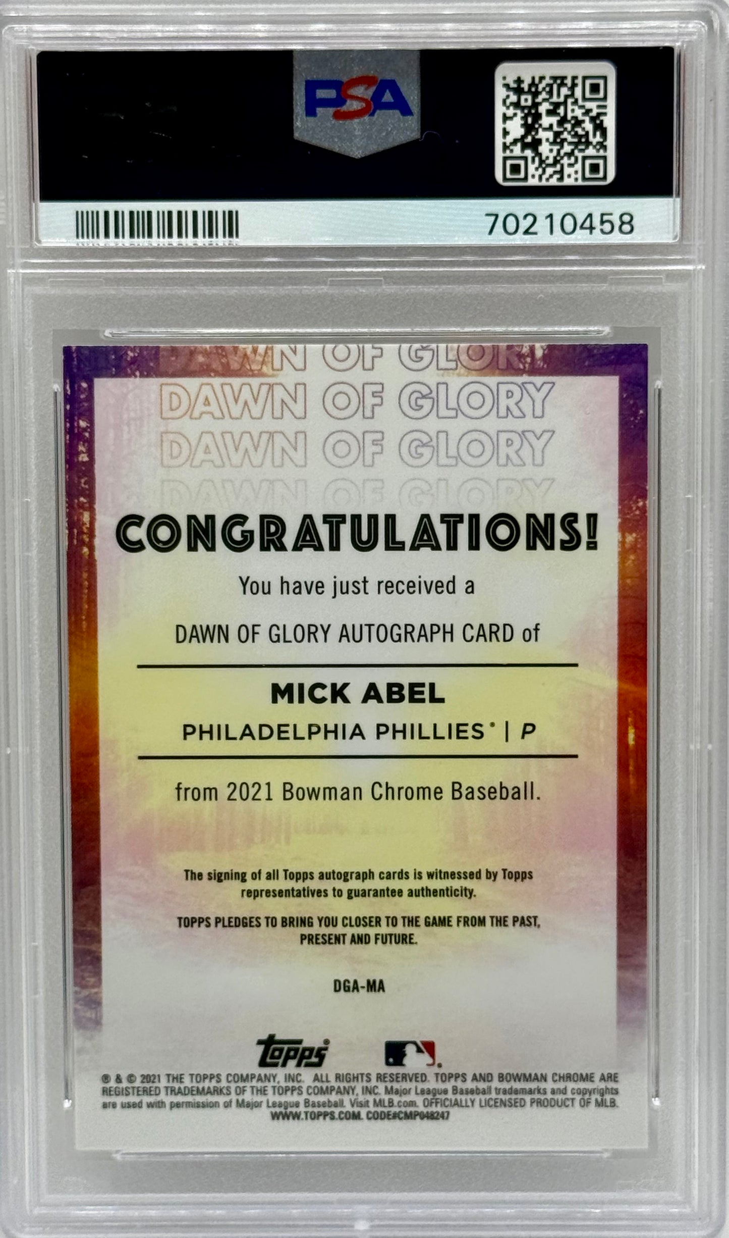 Mick Abel 2021 Bowman Chrome Dawn of Glory auto /99 PSA 10