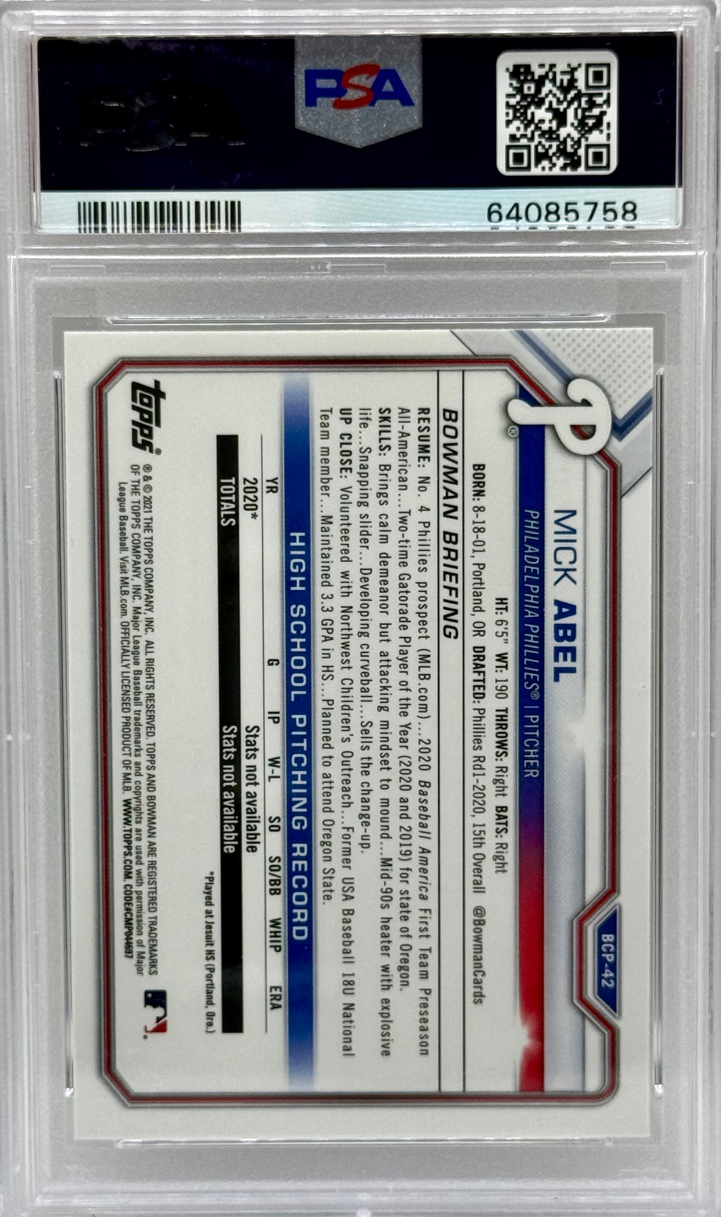 Mick Abel 2021 Bowman Chrome RC PSA 10