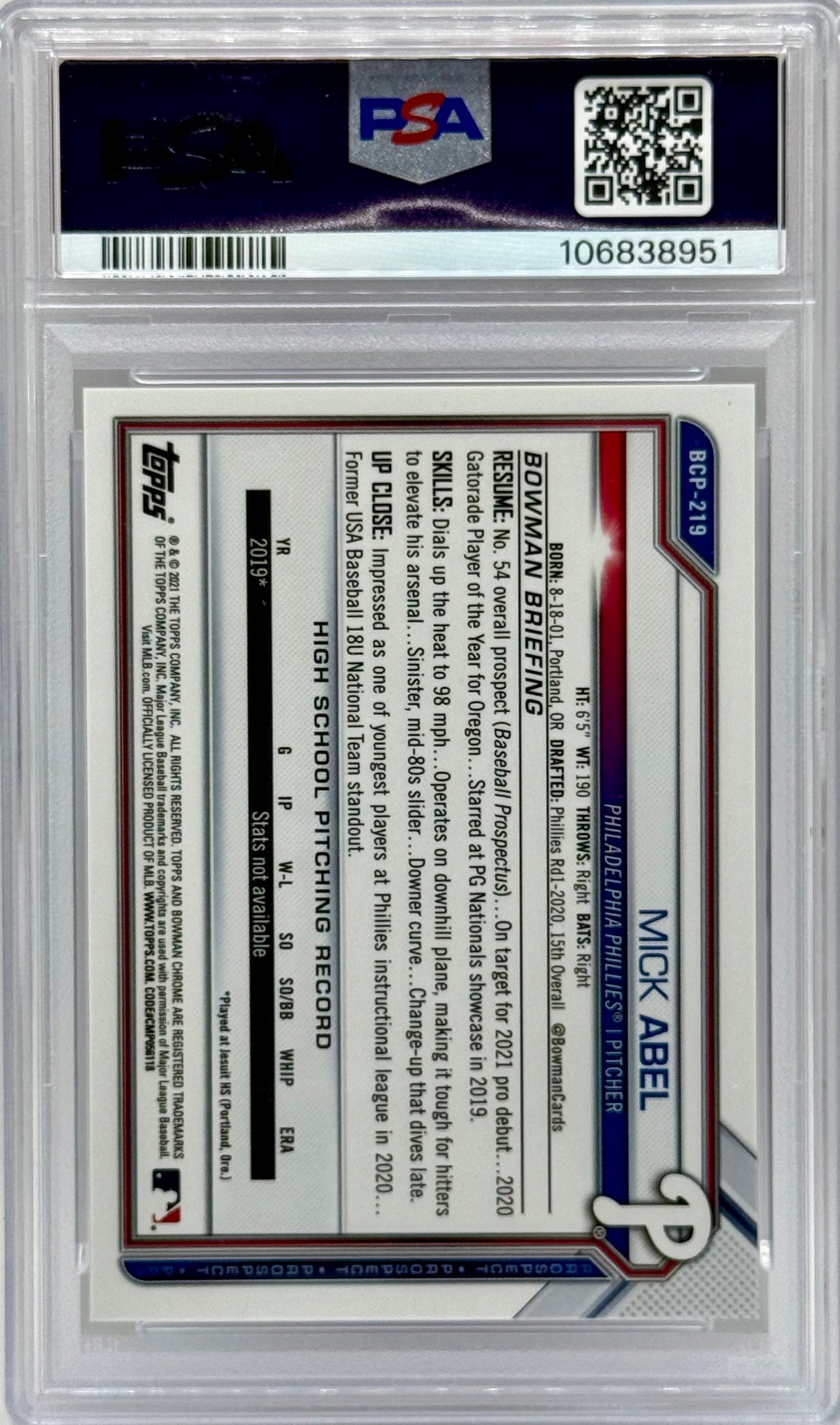 Mick Abel 2021 Bowman Chrome Prospects Purple /25 PSA 10